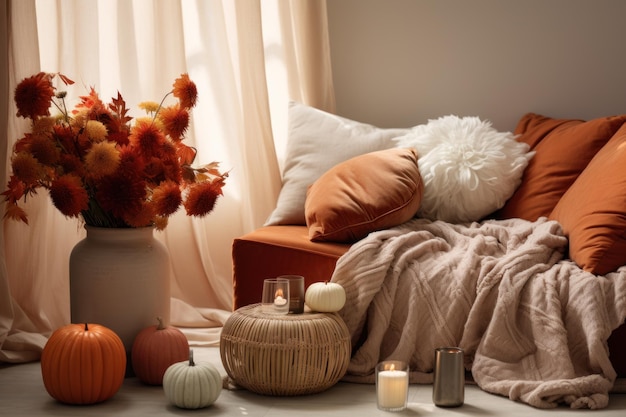 sofa decorated with blanket