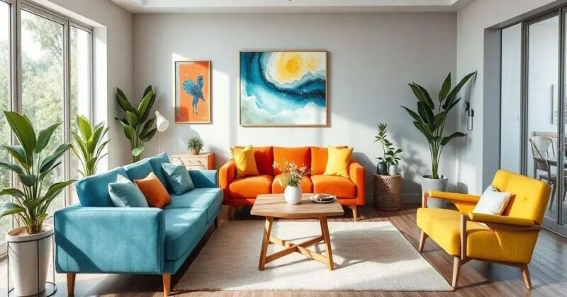 Decoração de Sala de Estar com Contraste de Cores: Dinamismo e Originalidade Decoração de sala de estar com contraste de cores