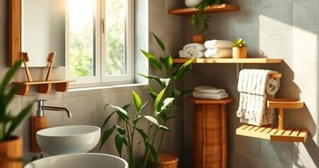 Banheiros com acessórios de bambu