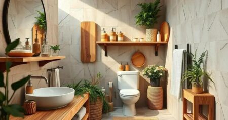 Banheiros com acessórios de madeira