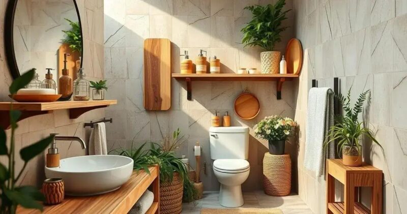 Banheiros com acessórios de madeira