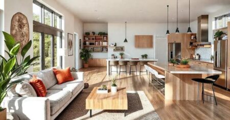 Decoração de sala de estar com cozinha americana