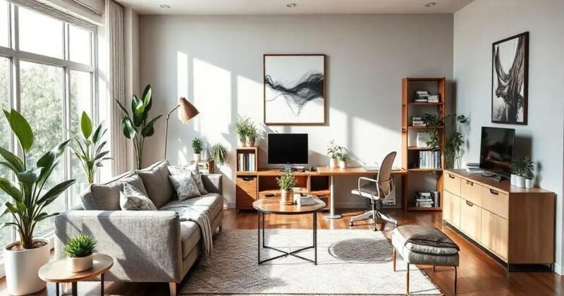 Decoração de sala de estar com home office