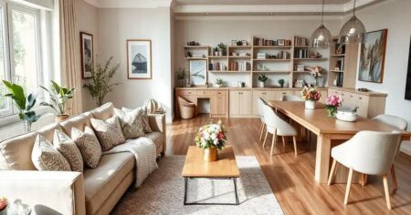 Decoração de sala de estar com sala de jantar