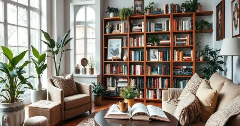 Livros na decoração da sala de estar