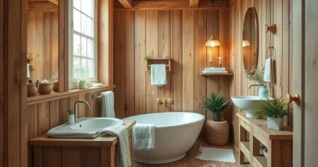 Quais cores combinam com um banheiro amadeirado e branco? banheiro amadeirado com branco