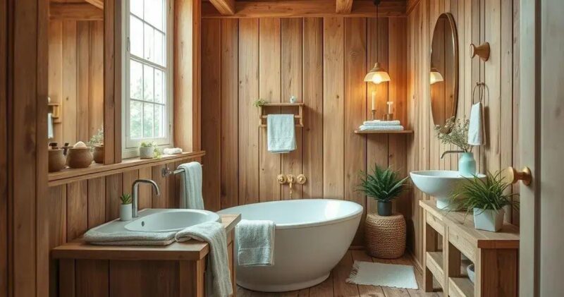 banheiro amadeirado com branco