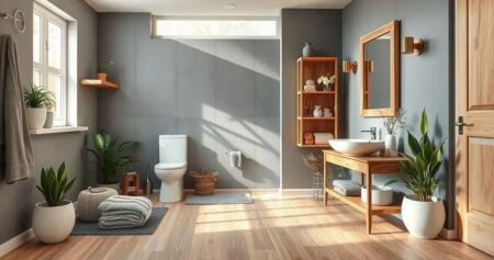 banheiro amadeirado com cinza