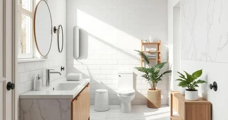 Como decorar um banheiro branco com madeira? banheiro branco com madeira