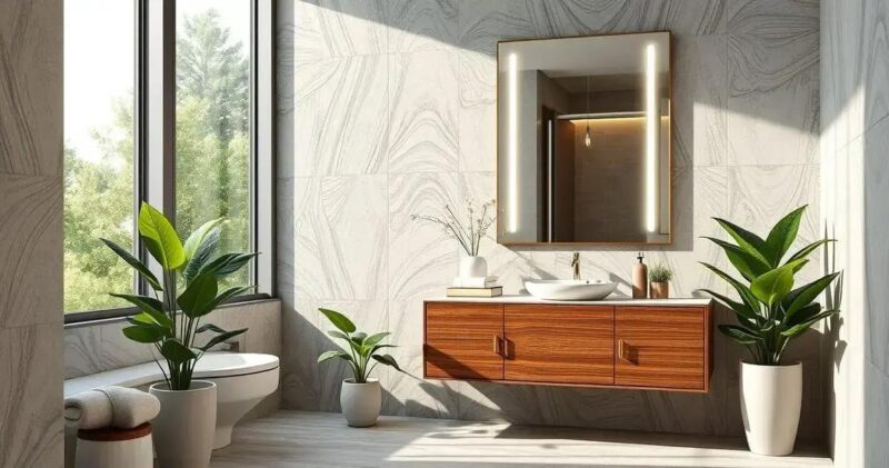 banheiro com porcelanato na parede