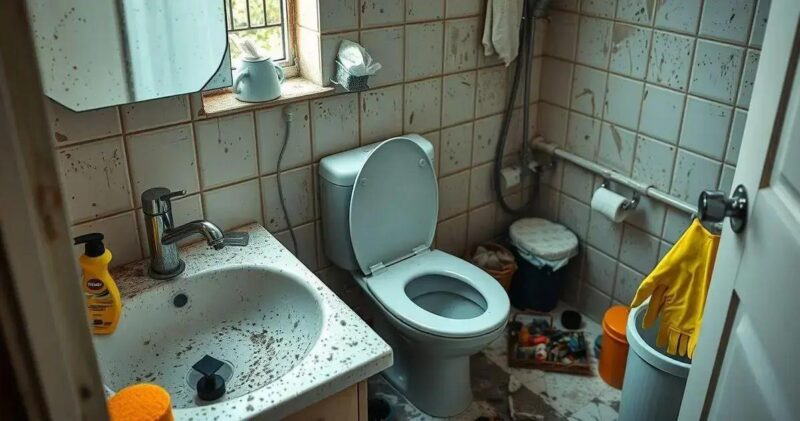 Quais são os cuidados para limpar um banheiro sujo? banheiro sujo