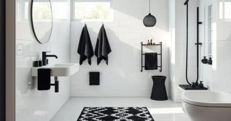 banheiro branco com detalhes preto