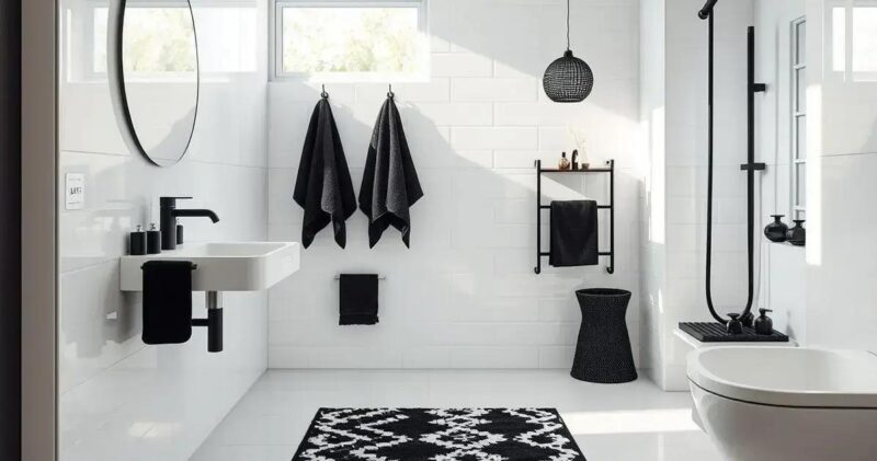 banheiro branco com detalhes preto